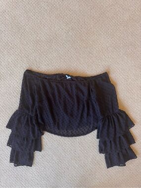 Tobi Black Swiss Dot Off-Shoulder Ruffle Sleeve Top